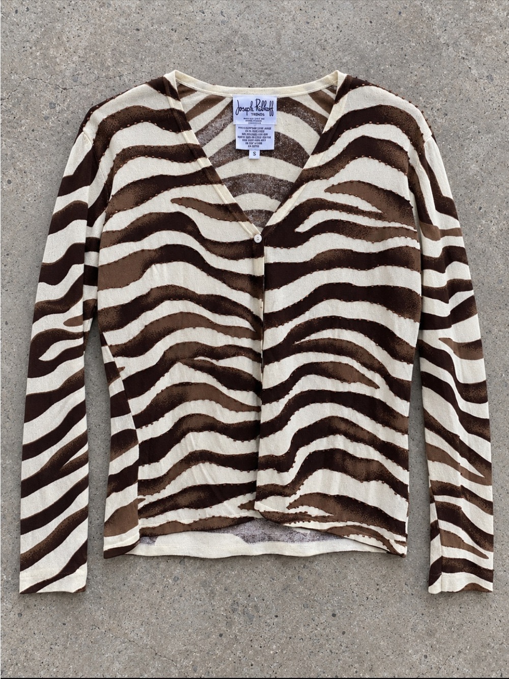 Y2K Joseph Ribkoff Trends Silk Cardigan Woman Small Zebra Beaded Brown Cream